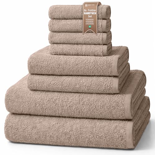 NatureMark 8-teiliges Handtuch-Set aus Frottee in verschiedenen Größen – 4 Gästetücher, 2 Handtücher, 2 Badetücher | Farbe: Sand/Beige | 100% Baumwolle
