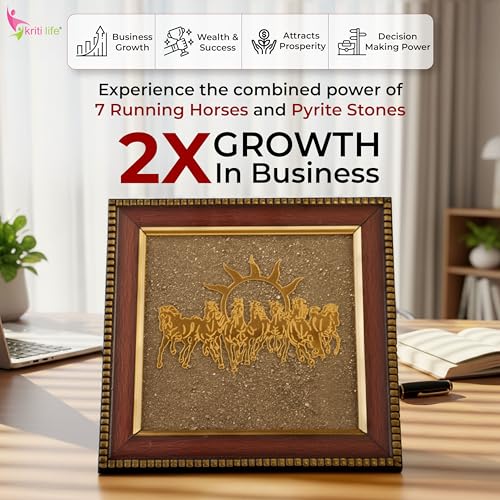 Image of KRITILIFE 7 Horses on Raw Pyrite Frame | Energised by Feng Shui, Vastu & Reiki Master | Seven Horses Pyrite Stone Wall Decor for Success, Fame & Money Attraction | Ideal Gift & Home Decor | (7.5 x 7.5 Inch)