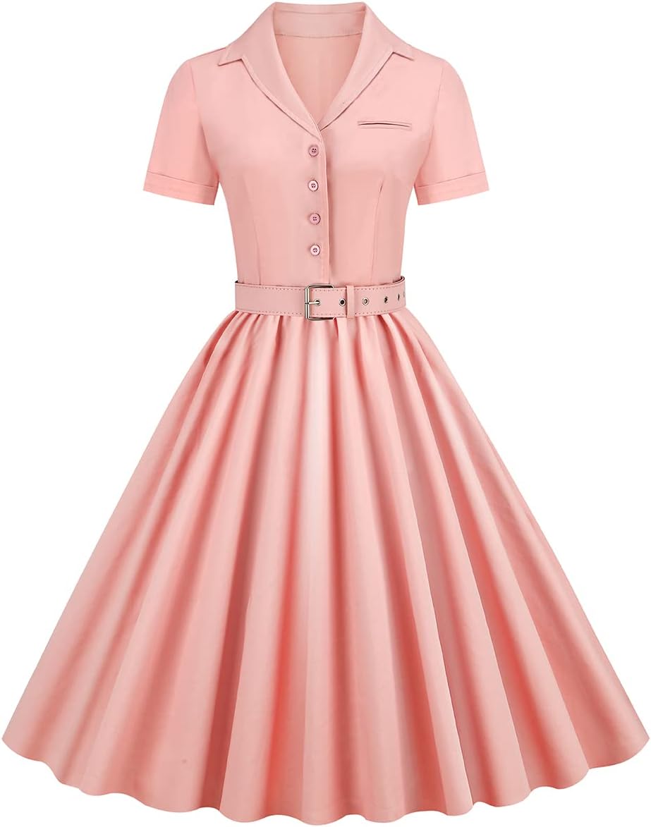 Women Notched Lapel Collar 50s Vintage Cocktail Swing Dress with Belt Short Sleeve Buttons Up 1950s Rockabilly Prom Audrey Hepburn Dress Knee Length Pleated Fit A Line Church Work Dress Pink-Belt L