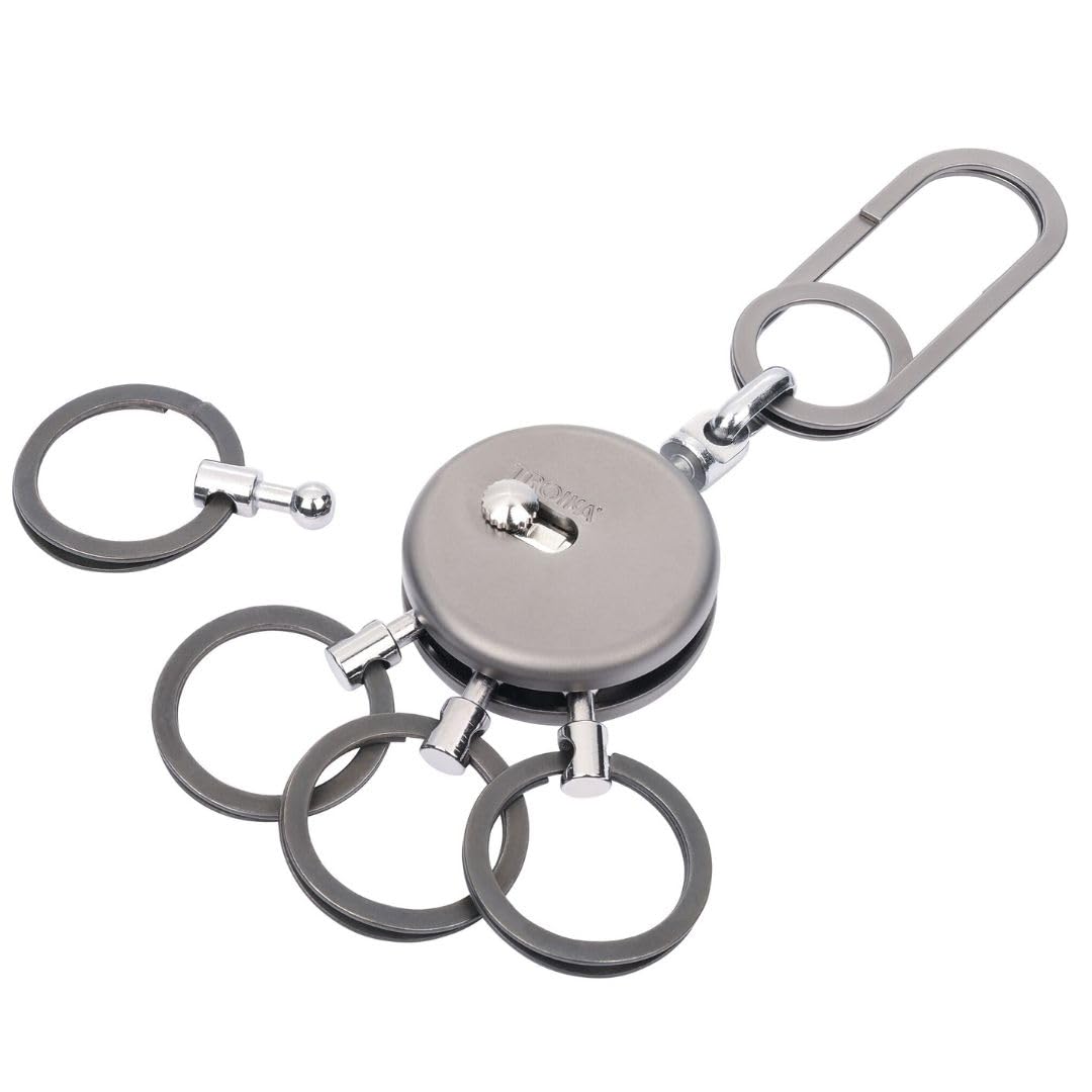 Troika PATENT EASY Keyring - Includes Carabiner Hook - 4 Removable Rings - Brass, Metal - Chrome-Plated - Gunmetal Original, Rubber valley, 9,3 x 5 x 0,9 cm