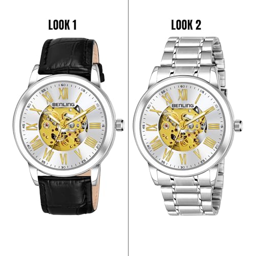 Image of Benling Men's Skeleton Automatic Analog Watch Combo | Open Gear Dial | Leather and Stainless Steel Chain Strap | Luxury Mechanical Movement | Casual & Formal Wear Stylish Wrist Watch for Men