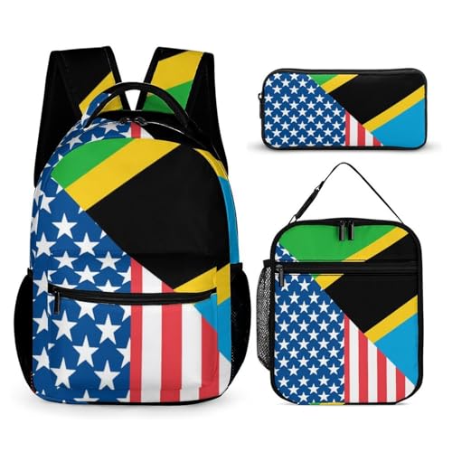 USA And Tanzania Flag Printed Backpack with Lunch Box Bag Pencil Case Pouch 3pcs Daypack Set for Women Men