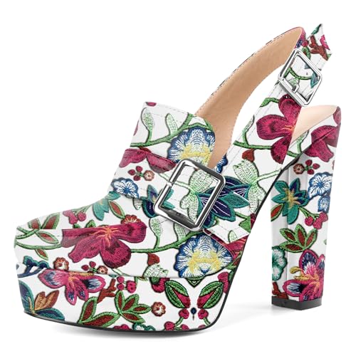 Image of Women's High Heel Loafers Platform Pumps Round Toe Heels Chunky Heel Pumps Stylish Comfortable 4.8 Inch Slingback Heels
