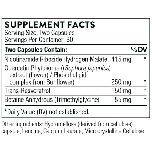thorne - resveracel - nicotinamide riboside with quercetin phytosome amp resveratrol - support healthy aging methylation cellular energy production amp metabolism - 30 servings