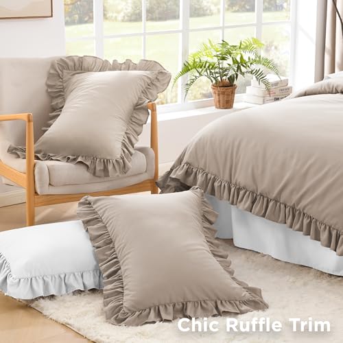 Image of Litanika Light Coffee King Size Comforter Set, 3 Pieces Ruffle Farmhouse Aesthetic Bedding Comforter Set, All Season Soft Lightweight Fluffy Microfiber Bed Set(104x90In Comforter, 2 Pillowcases)