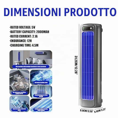 Ventilatore a torre oscillante, silenzioso - Ventilatore senza pale a velocità regolabile per camera da letto, ufficio, cucina, alimentato tramite USB, ventilatore da pavimento verticale/orizzontale