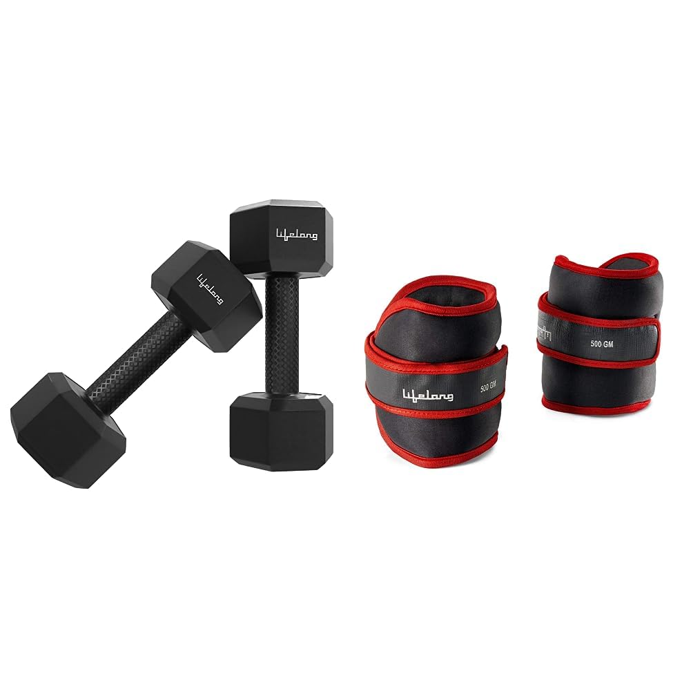 Lifelong PVC Hex Dumbbells Pack of 2 (5kg*2) Black Color & Lifelong Adjustable Ankle Weight for Running, Jogging, Cycling, Sand Filled, for Both Men and Women, 0.5 Kg and 1 Kg (Pair) (B0CDGXP77X) Amazon Price History, Amazon Price Tracker