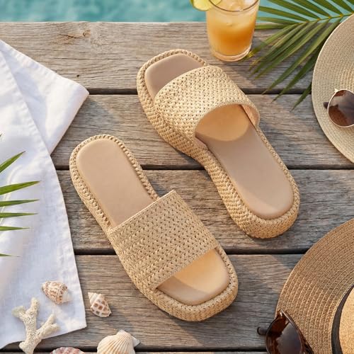 Image of Monrovia Platform Sandals Women Raffia Espadrille Slides, Woven Straw Flatform Beach Sandals Women, Slip On Summer Vacation Shoes, Comfortable Casual Daily Wear