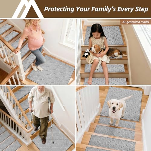 Image of COSY HOMEER Edging Stair Treads Non-Slip Corner Indoor Stair Runners for Wooden Steps,Landing Slip Resistant Stair Rugs Mat for Kids and Dogs,100% Polyester TPE Backing,Grey,30x30 inch