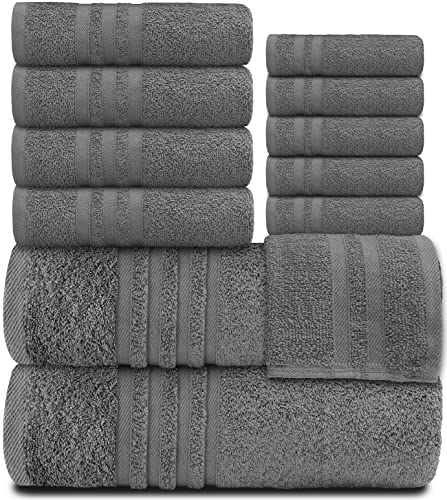 White Classic 12 Piece Bath Towel Set For Bathroom - Wealuxe Collection 2 Bath Towels, 4 Hand Towels, 6 Washcloths 100% Cotton Soft And Plush Highly Absorbent, Soft Towel For Hotel & Spa - Gray #TOP1