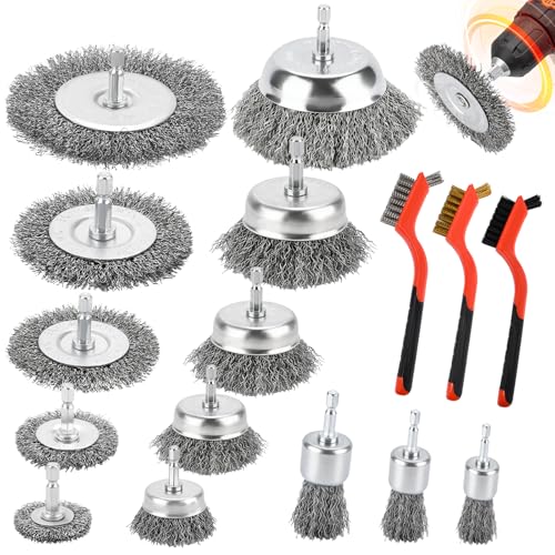 BBWELL 19PCS Cepillo de Alambre para Taladro,Juego de Cepillos de Alambre de Acero,6.35 Mm Metalico Limpieza,Cepillos Metálicos en Acero Decapante Madera y Metal,Profesionales para Pulir y Lijar