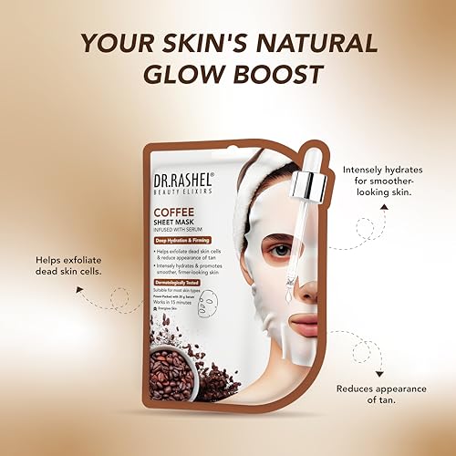 Image of DR.RASHEL Coffee Face Sheet Mask With Serum For Women and Men | All Skin Types | Soft and Healthy Skin | Deep Cleansing & Oil Control | Repairing & Nourishment | Soothing And Hydrating | Paraben Free | Pack Of 2 | 20 Grams Each