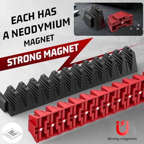 Image of PINOZE 48PCS Magnetic Modular Wrench Organizers for Tool Drawers - Black & Red - Wrench Rack with Metric & SAE Labels, Customizable Magnet Tool Storage Holder for Tool Box Organization