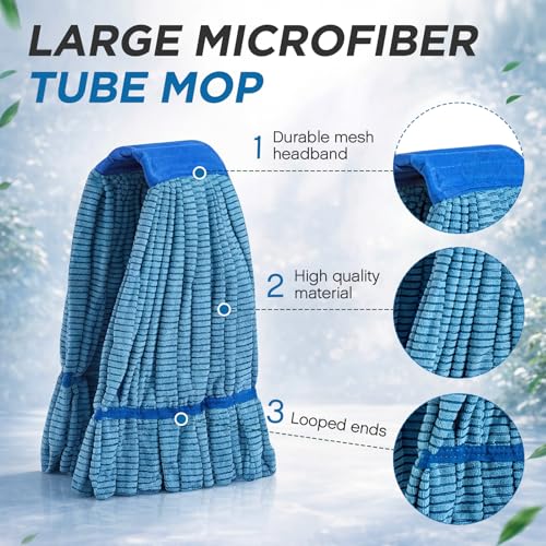 Image of Hushee 1 Pack Large Microfiber Tube Mop Heads 18 oz Heavy Duty Commercial Industrial Wet Mop Head Refill Reusable Machine Washable Looped End Mopheads for Hardwood, Tile, Laminate Floors (Blue)