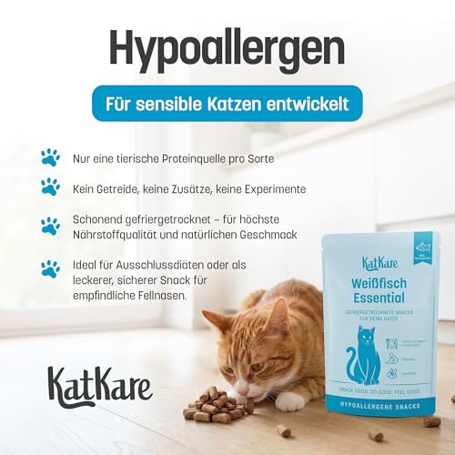 KatKare Hypoallergene Gefriergetrocknete Katzensnacks für empfindliche Katzen - Monoprotein Katzen Leckerlis Getreidefrei, ohne Zusatzstoffe, Monoprotein Proteinquelle - Weißfisch Essential - 30g
