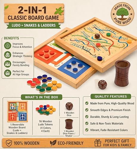 Image of Wooden Ludo Board Game with Snakes & Ladders - 2 in 1 Handmade Pure Wood Board Game Set | Classic Family Indoor Game for Kids & Adults | Travel Friendly Traditional Game with Dice & Pawns (10.5 Inch)
