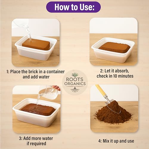 Image of Roots Organics 4.5KG (Pack 1) Coco Peat Block - Expands 75L | Organic Coconut Coir Pith Brick for Gardening, Potting Mix & Plant Soil | Ideal for Indoor & Outdoor Plants