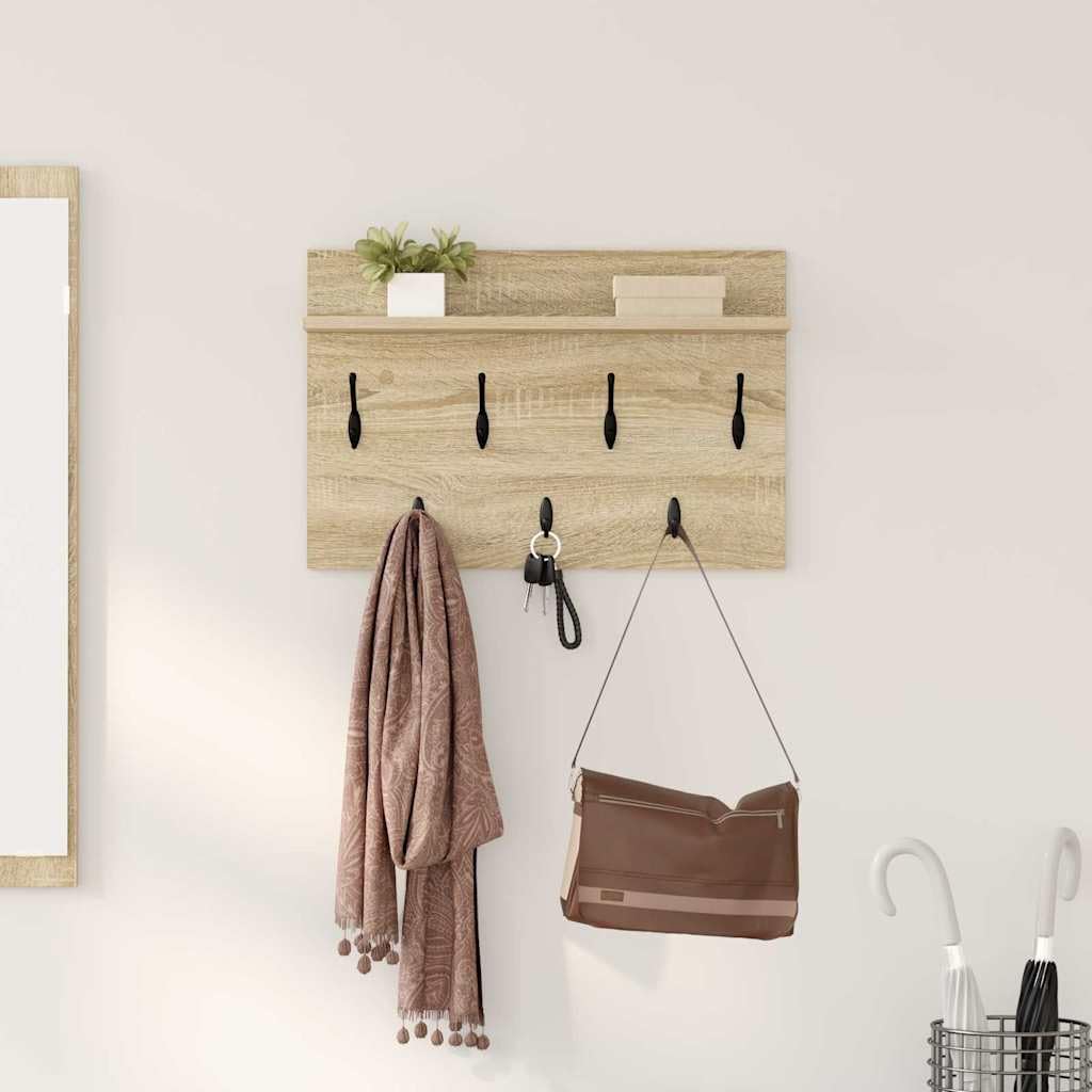 Wieszak ścienny Roble Sonoma | Wytrzymałe drewno, wiele haczyków, minimalistyczny design, oszczędność miejsca, idealny do przedpokoju