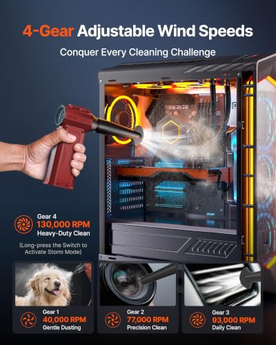 Image of Compressed Air Duster, 130,000RPM Ultra-Powerful Electric Air Duster | 8000mAh Rechargeable Battery Cordless Blower, 4-Gear Adjustable Air Blower for Keyboard, Computer, Car - Bright Red
