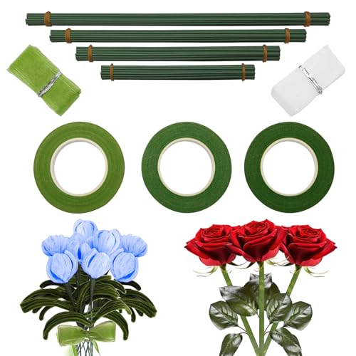 100 piezas de alambre de flores verde juego de alambre para floristería con 3 cintas de floristería y 2 cintas de raso, alambre para manualidades para arreglos florales, ramos de bricolaje