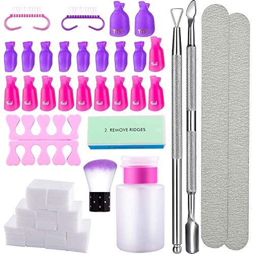 Nail Polish Remover Tools Kit with Toe and Finger Nail Clips Caps Wipe Cotton Pads Nail File and Buffer Block Nail Brush Cuticle Pusher Remover Gel Toe Separators and Push Down Dispenser Bottle
