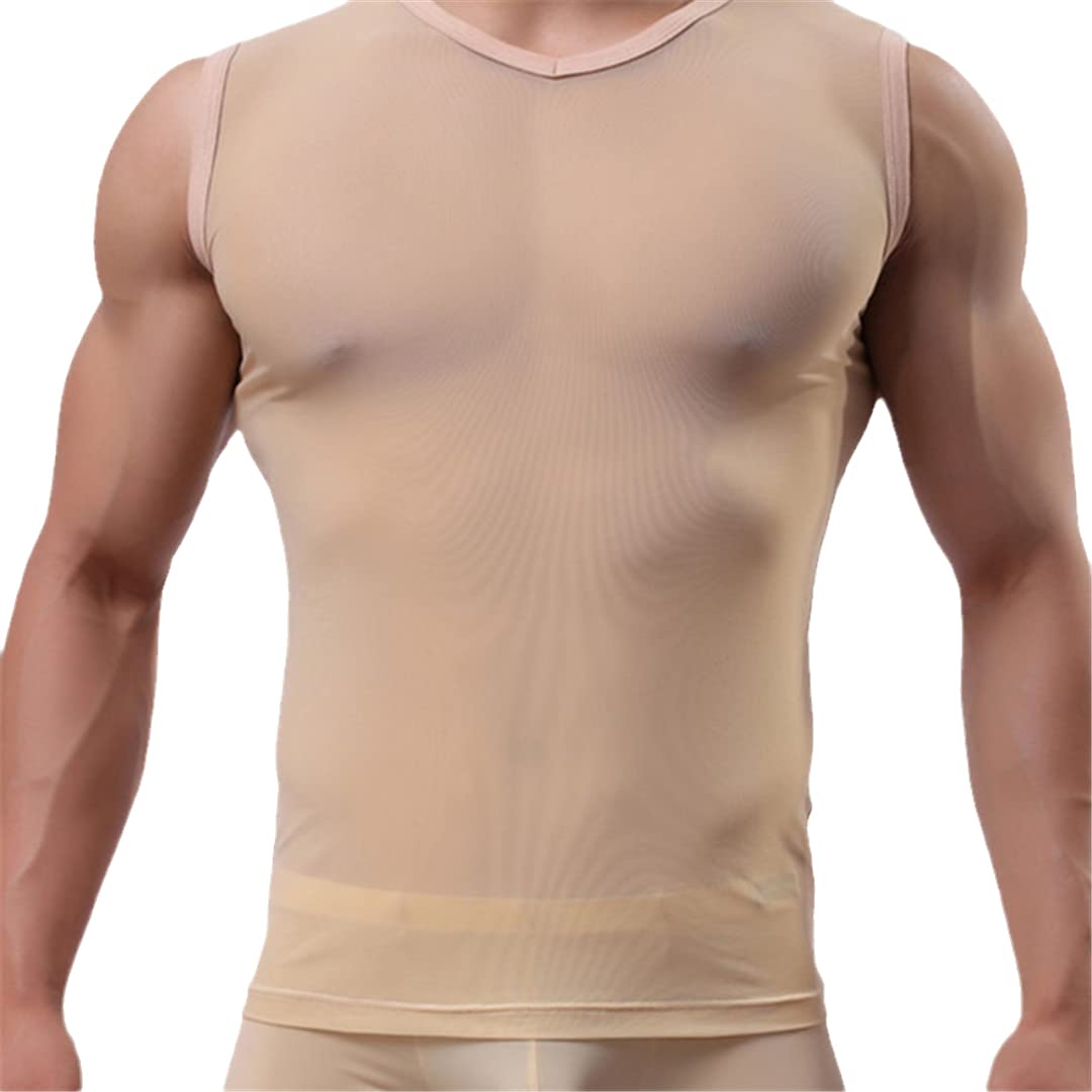 Uomini Sexy Mesh Vedere Attraverso T-Shirt Pigiameria Senza Maniche Top Intimo Maschio Undershirt Camicia Trasparente Colore L