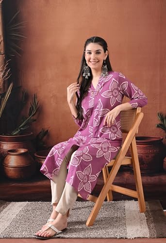 Image of Ichaa Women's Pure Cotton A-Line Ethnic V-Neck Kurta with 3 /4th Sleeve for Daily and Office Wear, in Plus Sizes