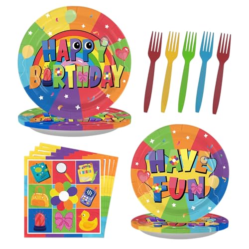 LADVCORP 96Pcs Cartoon Horror Game Birthday Party Decorations Rainbow Flower Plates and Napkins Cartoon Game Tableware Set for Boys Girls Game Lovers Themed Party Baby Shower Supplies Serves 24