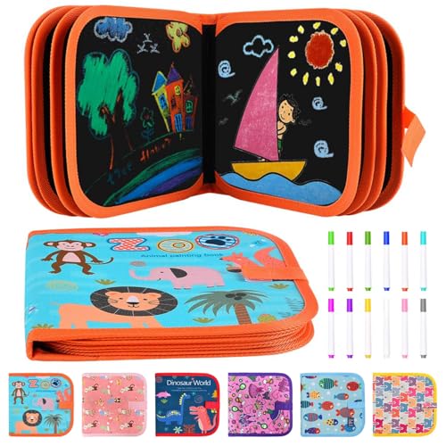 Funkprofi Libro da colorare cancellabile per bambini, libro da colorare portatile per bambini 14 pagine tavolo da disegno riutilizzabile con 12 matite colorate