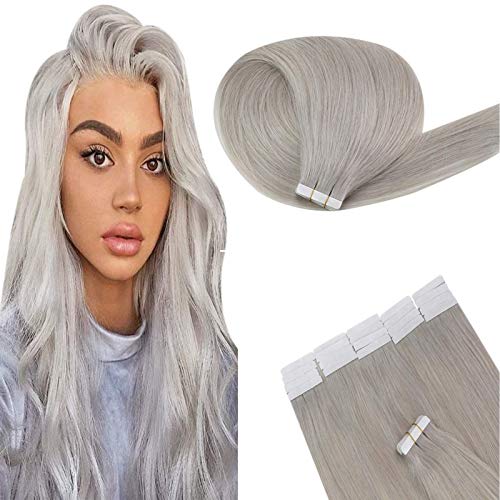 JoYoung Grey Tape in Hair Extensions Double Side Tape in Hair Extensions Human Hair Grey Silver Tape in Extensions Real Hair 20inch 10pcs 25gram
