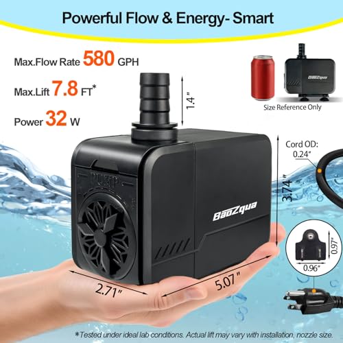 Image of 580GPH (2200L /H) Submersible Water Pump, 32W Ultra Quiet Fountain Pump with 7.8ft High Lift, Adjustable Flow with 3 Nozzles for Aquarium Fish Tank, Small Pond, Waterfall, Hydroponics & Garden
