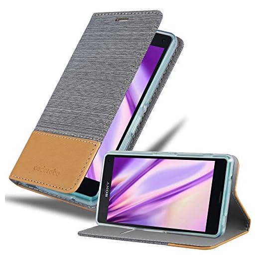 Cadorabo skal för Sony Xperia Z3 COMPACT – mobiltelefonfodral med ståfunktion och kortfack i tyg design – fodral skydd skyddsfodral etui väska bok, Sony Xperia Z3 COMPACT / MINI, HELL GRAU BRAUN