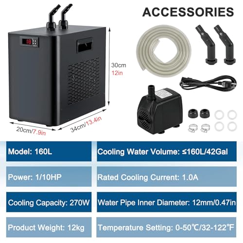 Chłodziarka wodna 1/10 HP do akwarium 160 l/300 l/500 l, cichy agregat chłodzący do zbiorników rybnych, idealny do kąpieli lodowych, wydajny system chłodzenia