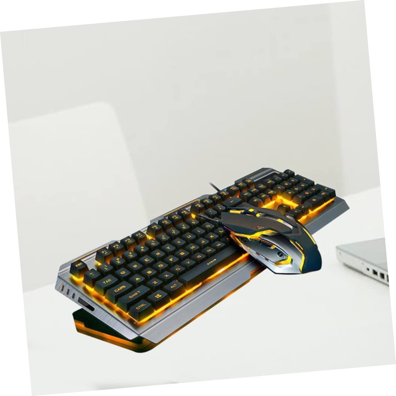 Artibetter Tastiera Meccanica Usb Retroilluminata a Led Gialla Set Mouse Da Gioco Ergonomico, Pulsanti Multimediali Fn, Design Resistente Pannelli Metallici Sabbiati, Per Gamer e Uso Prolungato