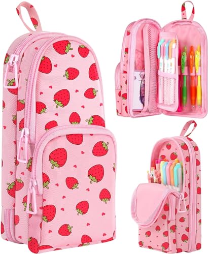Image of Dravina Canvas Large Capacity Pencil Pouch with 3 Zippers & 5 Compartments| Aesthetic Stationary Standing Pencil Case| Waterproof School Box for Girls & Boys Unicorn Pencil Box (Pink Strawberry)