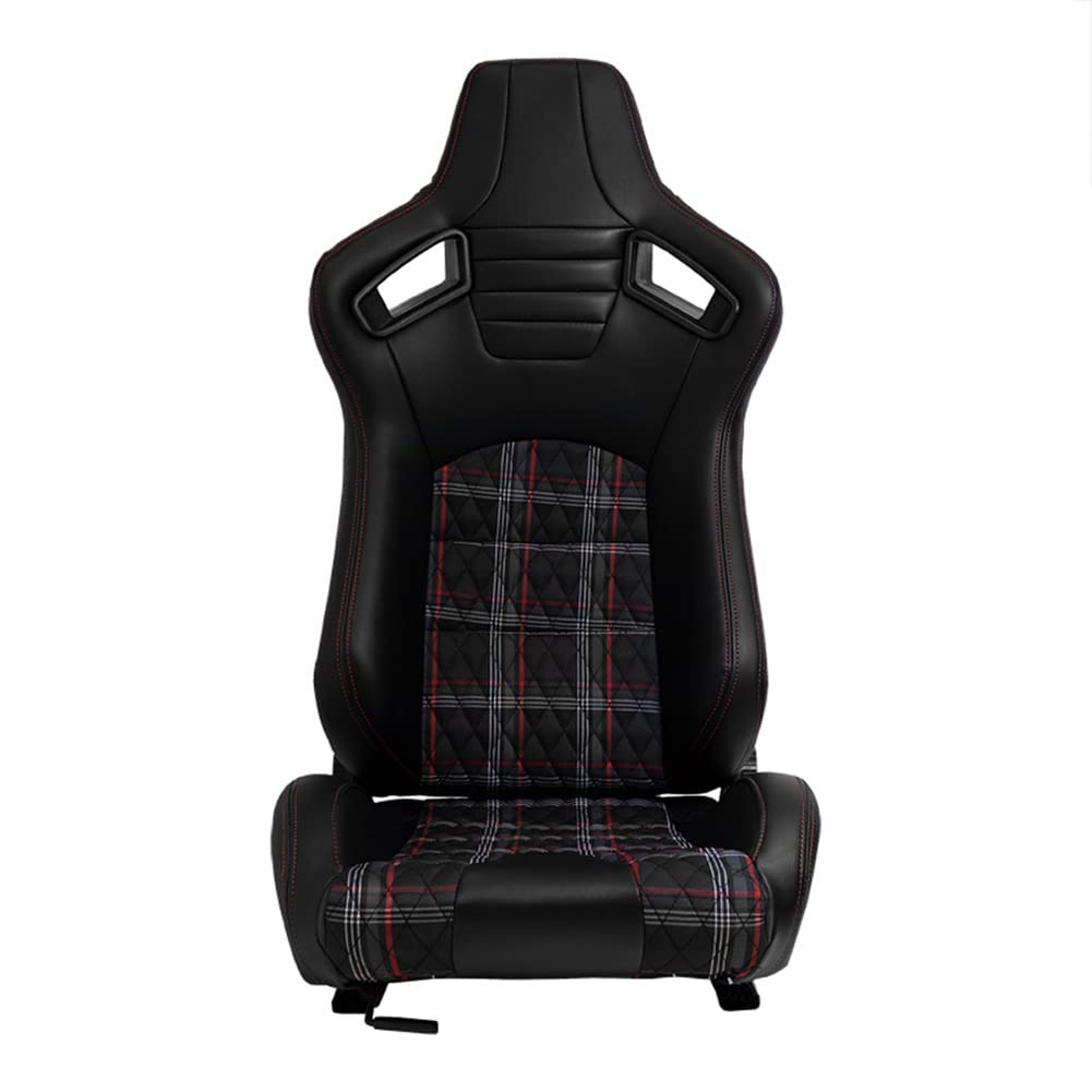 AutoStyle Siège baquet 'GT' - Simili Cuir Noir + Tissu en motif à carreaux Rouge + Surpiqûres Rouge - Dossier réglable - incl. glissières