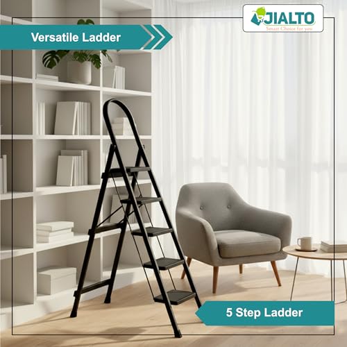 Image of Jialto Premium Matte Black 5 Step Ladder | Foldable Ladder for Home with Built-in Tool Tray | Secure Lock & Wide Rubber Feet | Heavy Duty Home Step Ladder (150kg Capacity)