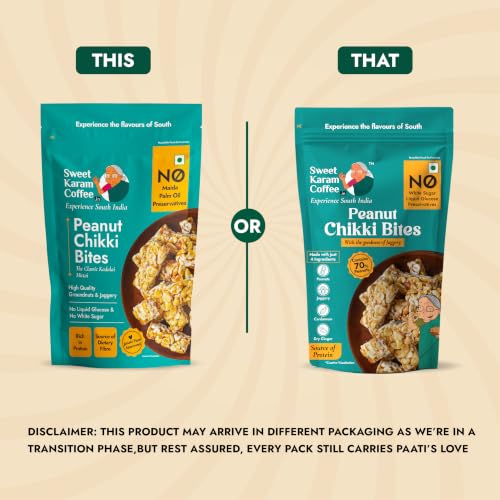 Image of Sweet Karam Coffee Peanut Chikki Bites - Pack of 2 (150g Each) | No Palm Oil or Preservatives | Jaggery Sweetened | White Sugar Free | High Protein & Fiber | Kadalai Mittai Gajak | Healthy Indian Snack