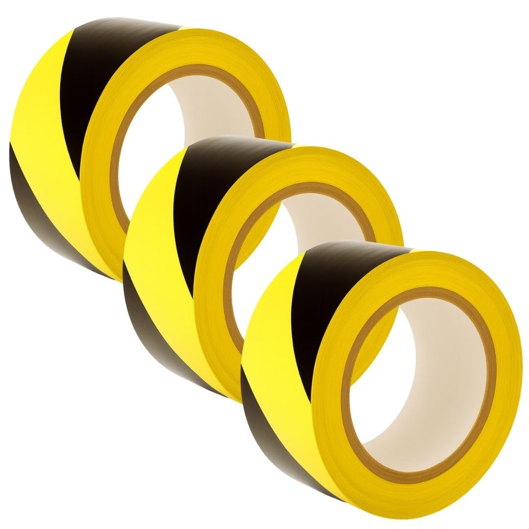 GTSE Hazard Tape Black and Yellow, 50mm (2") x 33m, Strong Adhesive Warning/Caution Tape, Floor Marking Tape, 3 Rolls