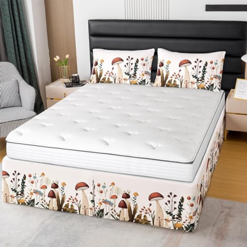 Pilzbettrock für King-Size-Bett, Blätter, Pflanzen, botanischer Bettvolant, 3-teilig, für Kinder, Mädchen, Jungen, Erwachsene, Schlafzimmer,...