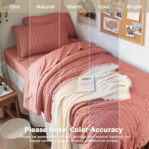 Image of HYMOKEGE Coral Twin Comforter Set Seersucker 5 Pieces, All Season Luxury Bed in a Bag for Bedroom, Bedding Set with Comforter, Sheets, Pillowcase & Sham