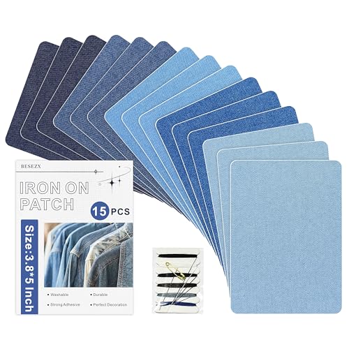 Iron on Patches for Jeans Kit 15PCS Patches for Jeans Iron on Denim Patches for Inside Jeans Clothing Denim Knee Pants 3.8 by 5 (Five Color)