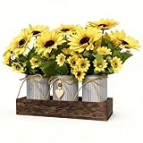 UoYeet Centro de mesa de girasol artificial con prueba de madera y macetas de metal para decoración, arreglos florales de imitación rústicos para el hogar, cocina, mesa de café