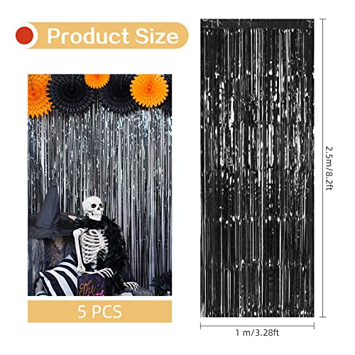 Image of 5 Pack Black Fringe Backdrop 3.2ft x 8.2ft Foil Curtain Tinsel Streamers for Birthday Party Decoration Wedding Christmas (Black)