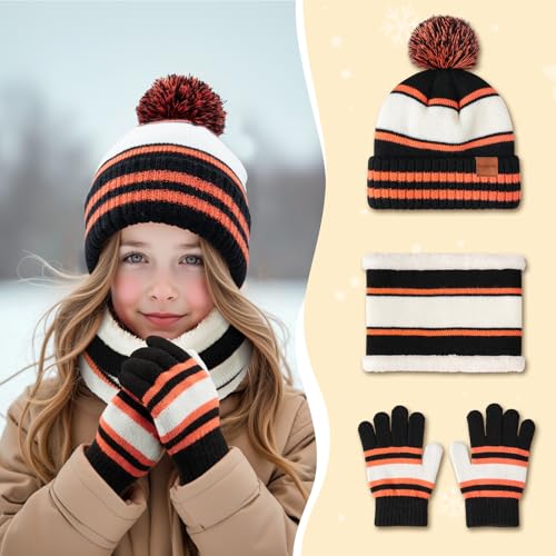 Image of Kids Winter Hat Gloves Scarf Set: Girls Boys Beanie Fleece Lined Ages 6-10 | Kids Beanie Hats Gloves Neck Warmer Knit Set, with Thick Warm Fleece Lining, for Child Gift, Cold Weather Ski, Snow