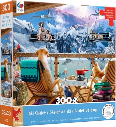 Ceaco - Ski Chalet - Rompecabezas de 300 Piezas Grandes para Adultos | Arte de Andrew Farley, Hecho en USA, Piezas Fáciles de Agarrar, Tamaño Terminado 22 x 15 in, Incluye Póster, Enmarcable, Ideal para regalo miniatura 1