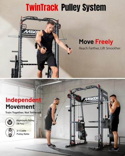 Image of Mikolo M4 2.0 Smith Machine, 2200lbs Squat Rack with LAT-Pull Down System & Cable Crossover Machine, Training Equipment with Leg Hold-Down Attachment