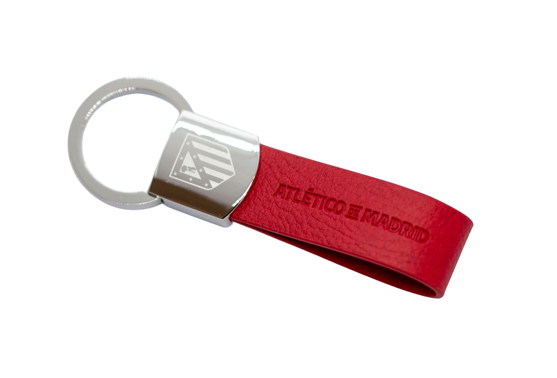 Llavero oficial del Atlético de Madrid. Piel color rojo100% vacuno, escudo del club grabado. Se entrega en caja negra con el escudo. Ideal para regalo.
