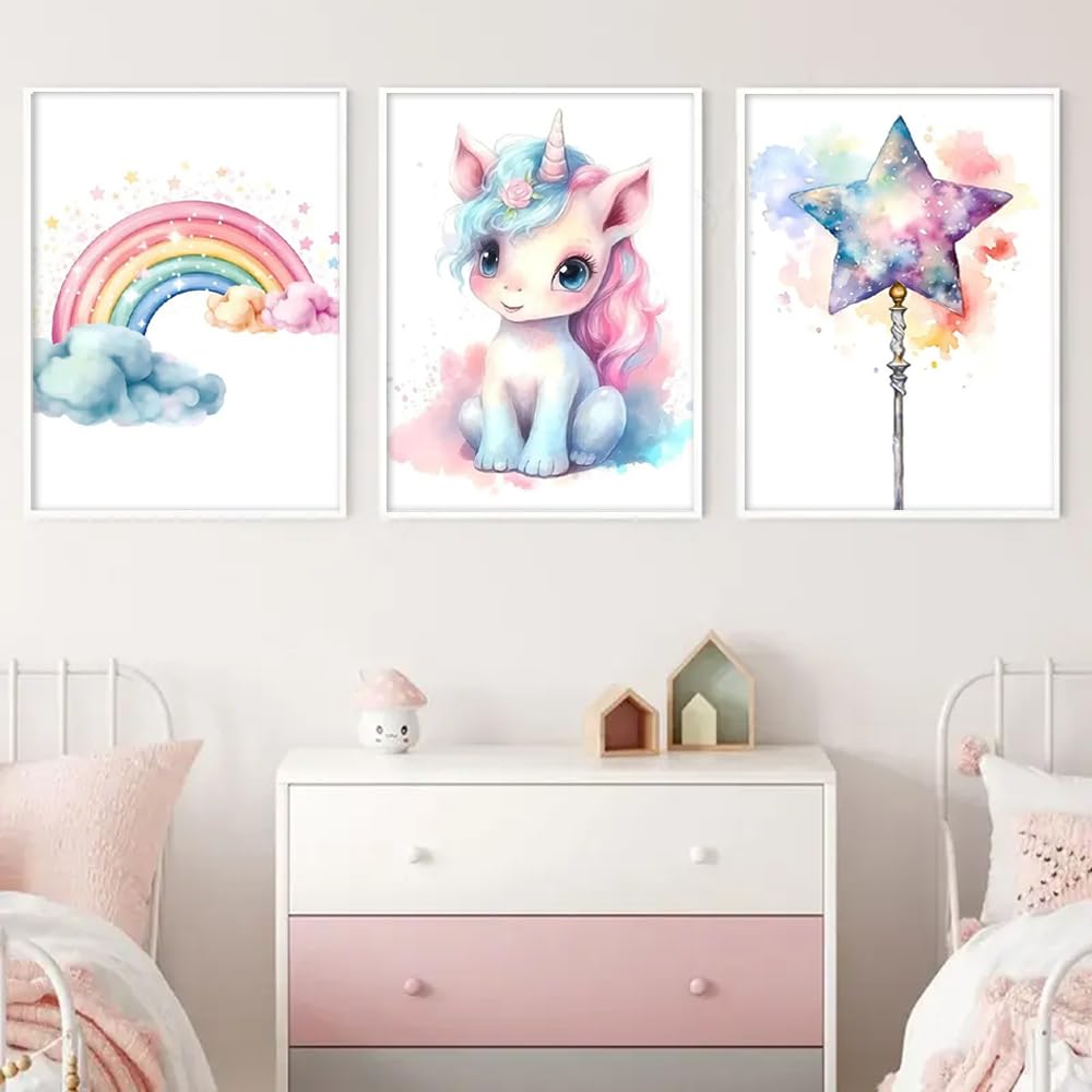 Generic 3 Laminas Unicornio Arcoiris Niña Bebe Cuadros Coloridos Habitacion Infantil 30x40 Poster Decorativos Pared Dormitorio Lienzo Acuarela Niño Regalo SIN MARCO