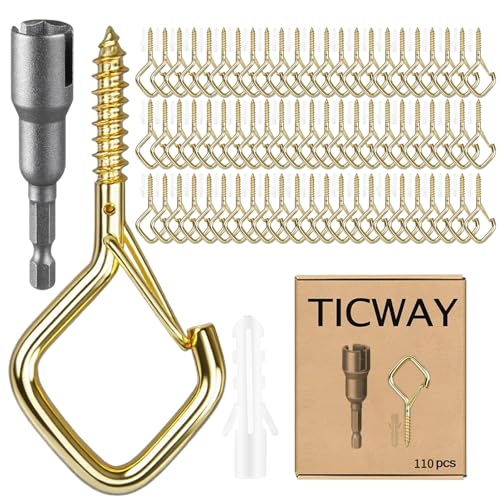 Ticway 2.36IN Ceiling Screw Hooks for Hanging Plants, Safety Buckle,110 Pcs | Safety Buckle, Steel, 40 lbs, for String Lights Plants Chimes Bird Feeders, Wood Drywall, Indoor Outdoor